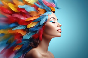 Naklejka premium Woman with multicolored feathers in hair, created with generative ai