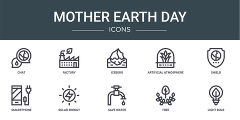 set of 10 outline web mother earth day icons such as chat, factory, iceberg, artificial atmosphere, shield, smartphone, solar energy vector icons for report, presentation, diagram, web design,