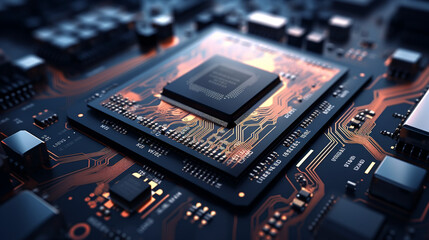Fototapeta na wymiar Technology and science background Close up of an electrical circuit board with a CPU, a microchip, and other electronic components 