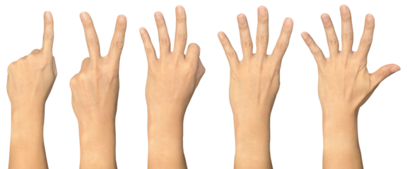 Hand showing one to five on transparent background cutout, PNG file. Mockup template for artwork design. Number sign gestures concept