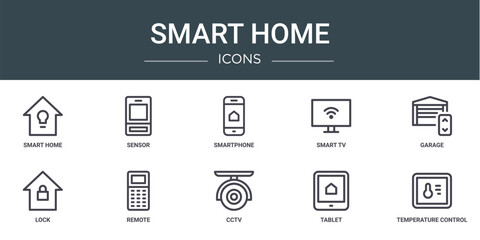 set of 10 outline web smart home icons such as smart home, sensor, smartphone, smart tv, garage, lock, remote vector icons for report, presentation, diagram, web design, mobile app