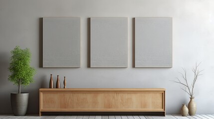posters on grey wall above wooden table