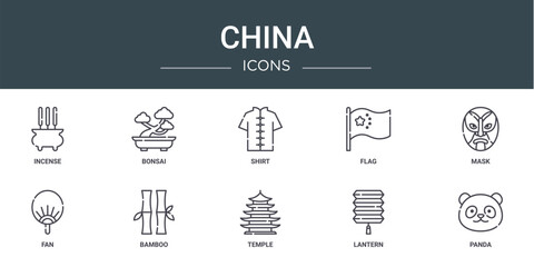 set of 10 outline web china icons such as incense, bonsai, shirt, flag, mask, fan, bamboo vector icons for report, presentation, diagram, web design, mobile app