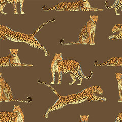 Seamless pattern with leopard animals on a dark brown background. The predator lies, sits, jumps and stands. Cartoon style. Hand drawn. Vector illustration. © Oksana_Skryp