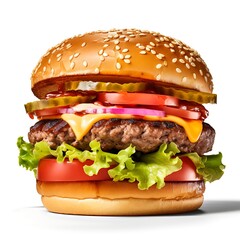 Juicy double patty summertime hamburger on white background