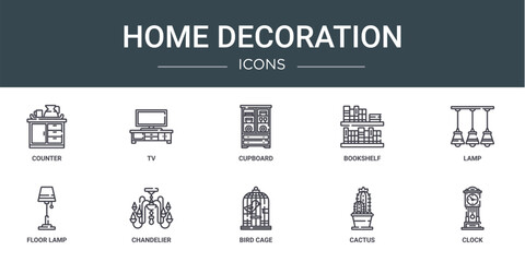 set of 10 outline web home decoration icons such as counter, tv, cupboard, bookshelf, lamp, floor lamp, chandelier vector icons for report, presentation, diagram, web design, mobile app