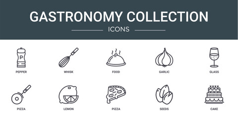 set of 10 outline web gastronomy collection icons such as pepper, whisk, food, garlic, glass, pizza, lemon vector icons for report, presentation, diagram, web design, mobile app