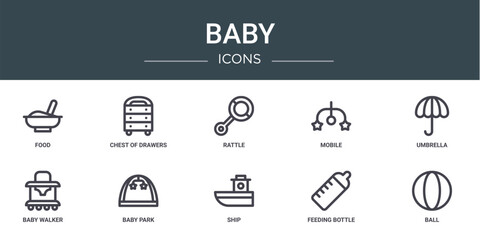 set of 10 outline web baby icons such as food, chest of drawers, rattle, mobile, umbrella, baby walker, baby park vector icons for report, presentation, diagram, web design, mobile app