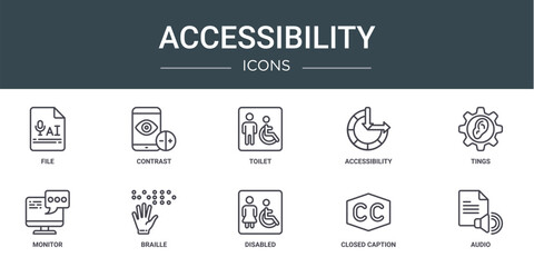 set of 10 outline web accessibility icons such as file, contrast, toilet, accessibility, tings, monitor, braille vector icons for report, presentation, diagram, web design, mobile app