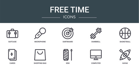 set of 10 outline web free time icons such as suitcase, microphone, dartboard, dumbbell, basketball, cards, shopping bag vector icons for report, presentation, diagram, web design, mobile app