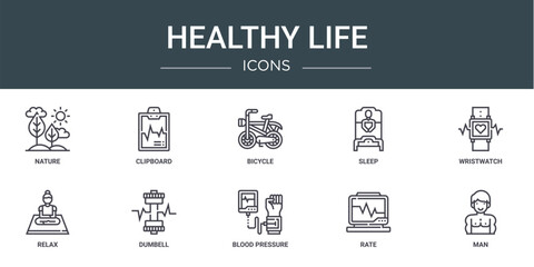 set of 10 outline web healthy life icons such as nature, clipboard, bicycle, sleep, wristwatch, relax, dumbell vector icons for report, presentation, diagram, web design, mobile app