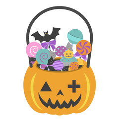 ハロウィンのカボチャのかわいいお菓子カゴのイラスト / ハロウィーン、かぼちゃ、キャンディ、ジャック・オ・ランタン、バスケット、ベクター