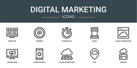 set of 10 outline web digital marketing icons such as monitor, arroba, stopwatch, rook, cloud computing, marketing, smartphone vector icons for report, presentation, diagram, web design, mobile app