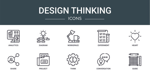 set of 10 outline web design thinking icons such as analytics, diagram, workspace, experiment, heart, share, project vector icons for report, presentation, diagram, web design, mobile app