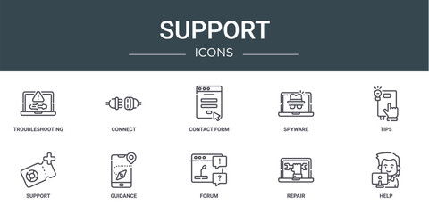 set of 10 outline web support icons such as troubleshooting, connect, contact form, spyware, tips, support, guidance vector icons for report, presentation, diagram, web design, mobile app