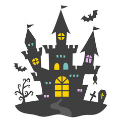 ハロウィンのお城のイラスト / ハロウィーン、シルエット、コウモリ、ベクター