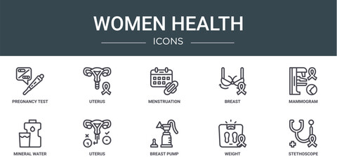 set of 10 outline web women health icons such as pregnancy test, uterus, menstruation, breast, mammogram, mineral water, uterus vector icons for report, presentation, diagram, web design, mobile app