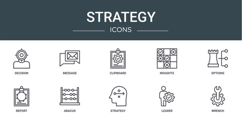 set of 10 outline web strategy icons such as decision, message, clipboard, noughts, options, report, abacus vector icons for report, presentation, diagram, web design, mobile app