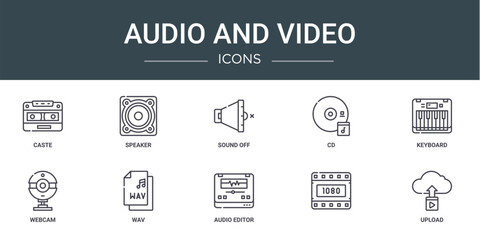 set of 10 outline web audio and video icons such as caste, speaker, sound off, cd, keyboard, webcam, wav vector icons for report, presentation, diagram, web design, mobile app
