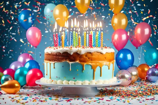 birthday cake with candles and balloons generated ai
