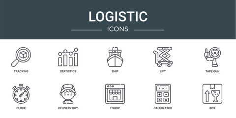 set of 10 outline web logistic icons such as tracking, statistics, ship, lift, tape gun, clock, delivery boy vector icons for report, presentation, diagram, web design, mobile app