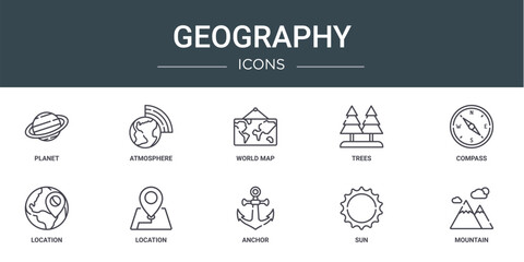set of 10 outline web geography icons such as planet, atmosphere, world map, trees, compass, location, location vector icons for report, presentation, diagram, web design, mobile app