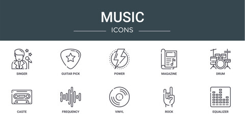 set of 10 outline web music icons such as singer, guitar pick, power, magazine, drum, caste, frequency vector icons for report, presentation, diagram, web design, mobile app
