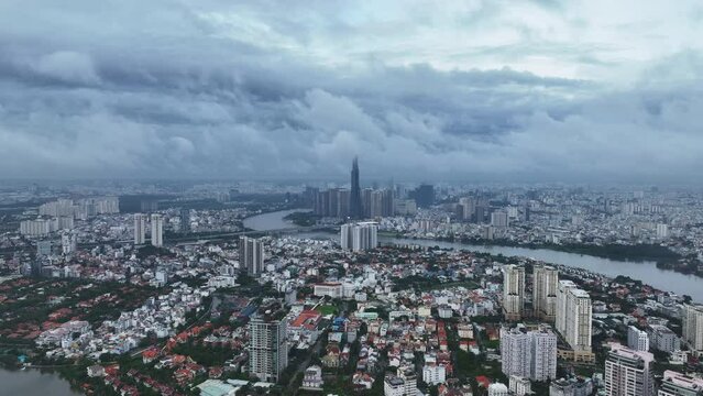 Aerial view of ho chi minh city Vietnam and clouds moving through tall buildings