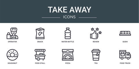 set of 10 outline web take away icons such as operator, snack, water bottle, review, sushi, doughnut, food stall vector icons for report, presentation, diagram, web design, mobile app