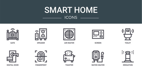 set of 10 outline web smart home icons such as gate, speaker, air heater, screen, toilet, digital door, fingerprint vector icons for report, presentation, diagram, web design, mobile app