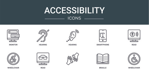 set of 10 outline web accessibility icons such as monitor, hearing, hearing, smartphone, read, wheelchair, read vector icons for report, presentation, diagram, web design, mobile app