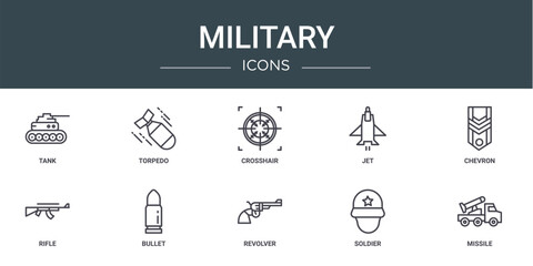 set of 10 outline web military icons such as tank, torpedo, crosshair, jet, chevron, rifle, bullet vector icons for report, presentation, diagram, web design, mobile app