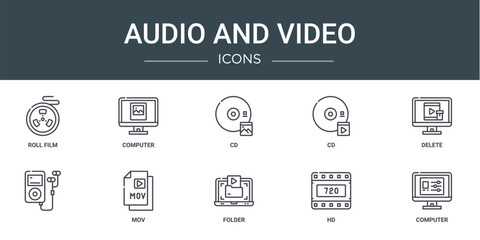 Fototapeta na wymiar set of 10 outline web audio and video icons such as roll film, computer, cd, cd, delete, , mov vector icons for report, presentation, diagram, web design, mobile app