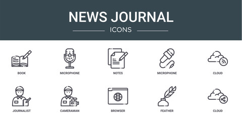 set of 10 outline web news journal icons such as book, microphone, notes, microphone, cloud, journalist, cameraman vector icons for report, presentation, diagram, web design, mobile app
