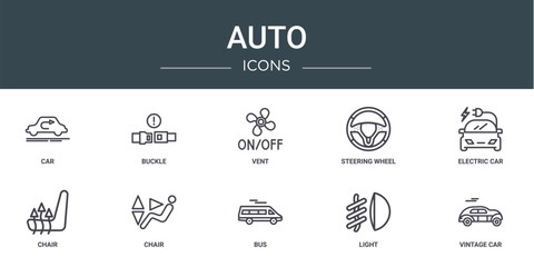 set of 10 outline web auto icons such as car, buckle, vent, steering wheel, electric car, chair, chair vector icons for report, presentation, diagram, web design, mobile app