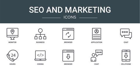 set of 10 outline web seo and marketing icons such as monitor, business, browser, application, chat, hours, coding vector icons for report, presentation, diagram, web design, mobile app