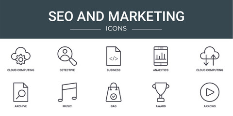 set of 10 outline web seo and marketing icons such as cloud computing, detective, business, analytics, cloud computing, archive, music vector icons for report, presentation, diagram, web design,