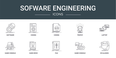 Fototapeta premium set of 10 outline web sofware engineering icons such as software, coding, coding, trophy, laptop, game console, hard drive vector icons for report, presentation, diagram, web design, mobile app