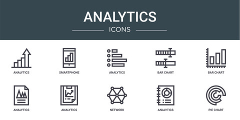 set of 10 outline web analytics icons such as analytics, smartphone, analytics, bar chart, bar chart, vector icons for report, presentation, diagram, web design, mobile app