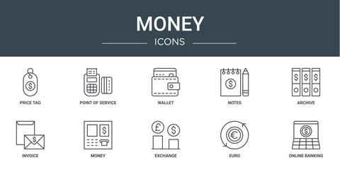 set of 10 outline web money icons such as price tag, point of service, wallet, notes, archive, invoice, money vector icons for report, presentation, diagram, web design, mobile app