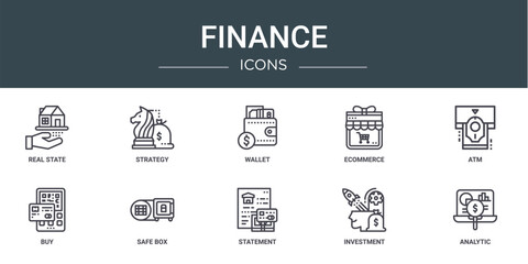 set of 10 outline web finance icons such as real state, strategy, wallet, ecommerce, atm, buy, safe box vector icons for report, presentation, diagram, web design, mobile app