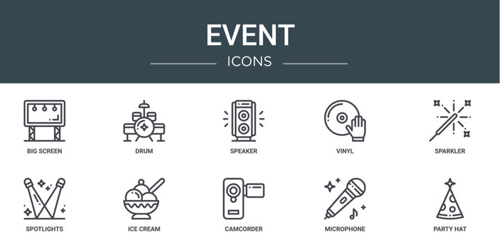 set of 10 outline web event icons such as big screen, drum, speaker, vinyl, sparkler, spotlights, ice cream vector icons for report, presentation, diagram, web design, mobile app