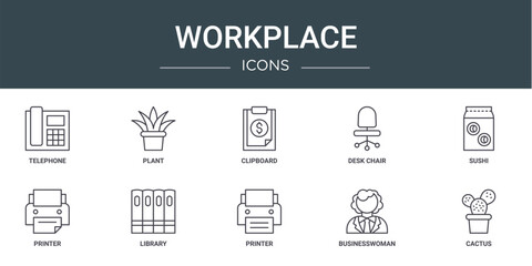 set of 10 outline web workplace icons such as telephone, plant, clipboard, desk chair, sushi, printer, library vector icons for report, presentation, diagram, web design, mobile app