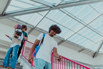 An Afro-American student with a blue backpack, sporting a modern Afro hairstyle and a wide smile, radiates enthusiasm and represents the vibrant spirit of a modern university, embodying ambition