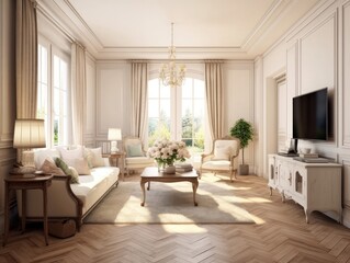 Fototapeta na wymiar Living room french country style with a tv, a flower vase on the table, and wood parquet flooring, sunlight shines through the window. Generative AI