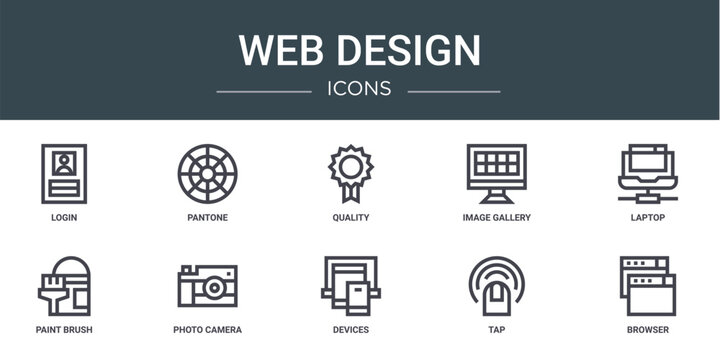 set of 10 outline web web design icons such as login, pantone, quality, image gallery, laptop, paint brush, photo camera vector icons for report, presentation, diagram, web design, mobile app