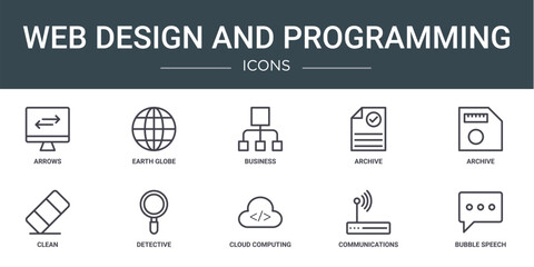 set of 10 outline web web design and programming icons such as arrows, earth globe, business, archive, archive, clean, detective vector icons for report, presentation, diagram, web design, mobile