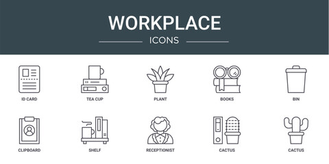 set of 10 outline web workplace icons such as id card, tea cup, plant, books, bin, clipboard, shelf vector icons for report, presentation, diagram, web design, mobile app