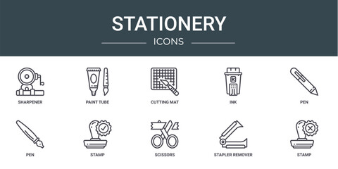 set of 10 outline web stationery icons such as sharpener, paint tube, cutting mat, ink, pen, pen, stamp vector icons for report, presentation, diagram, web design, mobile app