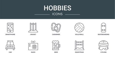 set of 10 outline web hobbies icons such as smartphone, cricket, carabiner, volleyball, skateboarding, car, radio vector icons for report, presentation, diagram, web design, mobile app